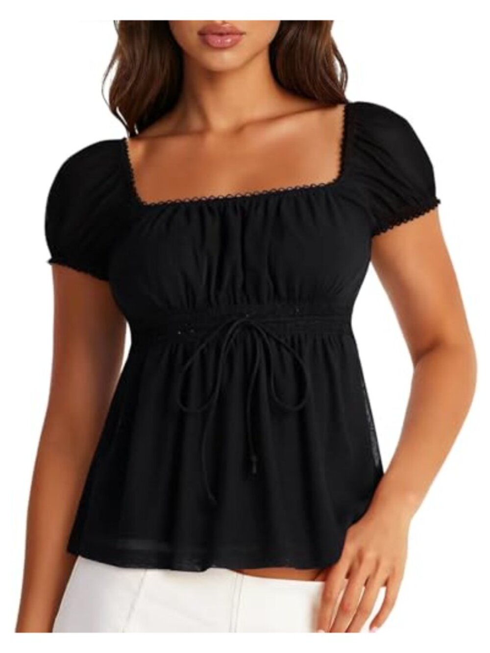 Square Neck Babydoll Mesh Top Short Puff Sleeve Ruffle Tie Front